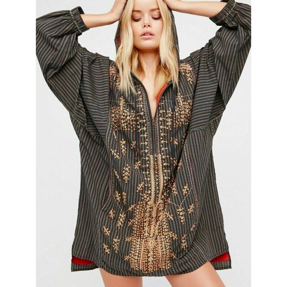 Free People Embroidered Sequin Striped Oversized Cotton Hooded Pullover Tunic